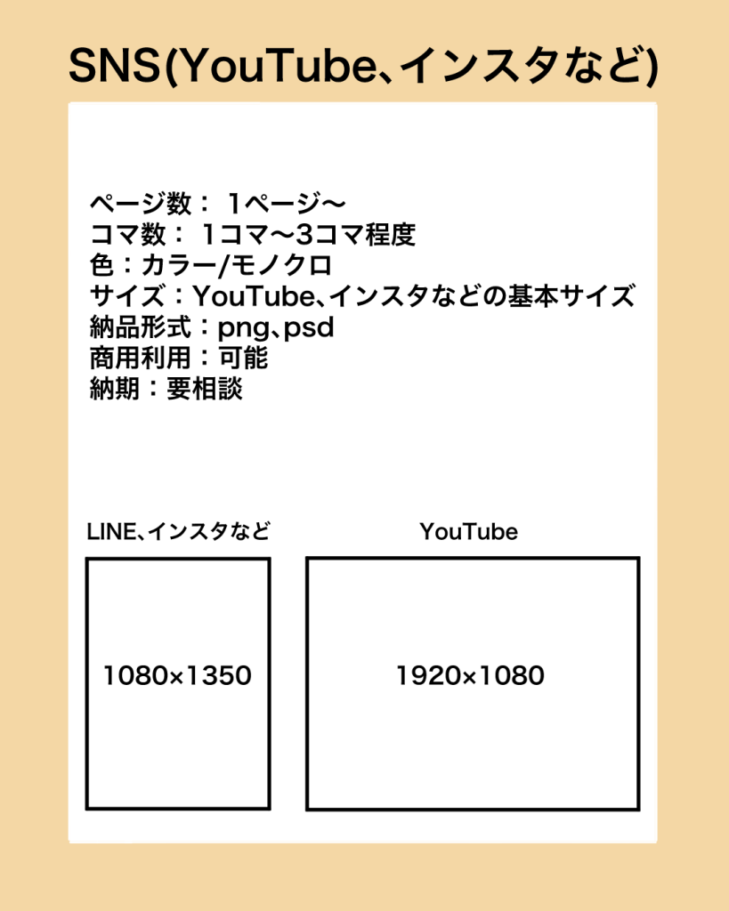 SNS（YouTube、インスタなど）
ページ数：１ページ～
コマ数：１コマ～３コマ程度
色：カラー/モノクロ
サイズ：YouTube、インスタなどの基本サイズ（1080px × 1350px、1920px × 1080px）
納品形式：png、psd
商用利用：可能
納期：要相談